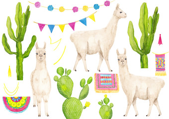 Watercolor hand drawn set with green cacti plants and white llama animal with colorful elements isolated on white background. © Lelakordrawings