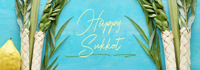 religion image of Jewish festival of Sukkot. Traditional symbols (The four species): Etrog, lulav,...