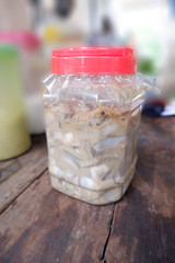 Pickled fish, salted fish and roasted rice for cooking in Thai style food such as Som-tum.