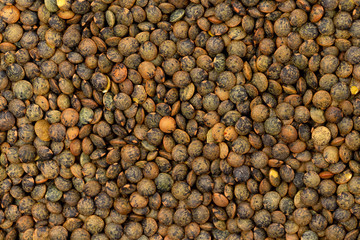 Flatlay closeup image of brown lentils as a natural healthy food background.