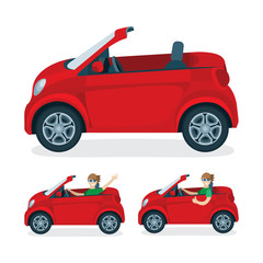 Car and driver vector flat illustrations set. Character in red cabriolet. Young happy driver man in different poses. Red mini car cabriolet. Part of set.