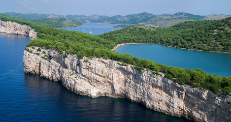 Aerial view of Telašćica Nature Park with the bay, cliffs and a salt lake