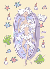 girl takes a bath with flowers, spa