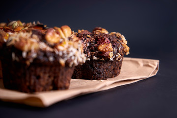 delicious diet chocolate muffin lies on the table