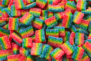 Rainbow juicy gummy candies background. Top view. Jelly  sweets.