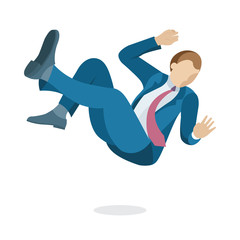 Businessman in is falling down. Man in corporate suit flies down. Failing businessman character. Flat style design vector illustration. Failure concept illustration. Part of set.
