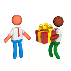 color male coworker gifting a colleague a red gift box with yellow ribbon, on isolated white background. 3D Illustration 