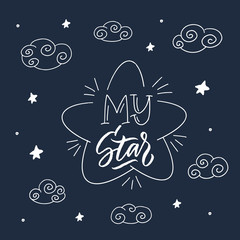 Magic illustration with hand lettering and doodles icon. Beautiful childish elements. Sweet dreams, sleep, cosmos, good night. Vector eps10, logotype. Isolated graphic. Modern linear.