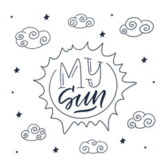 Magic illustration with hand lettering and doodles icon. Beautiful childish elements. Sweet dreams, sleep, cosmos, good night. Vector eps10, logotype. Isolated graphic. Modern linear.