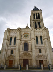 Basilica of Saint Denis, west facade on a rainy day. Paris, France.