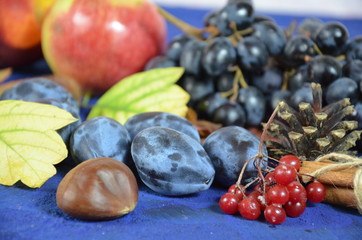 Autumn harvest, grapes, autumn fallen leaves, apples, plums, cinnamon, anise. wild grapes in autumn in the rain