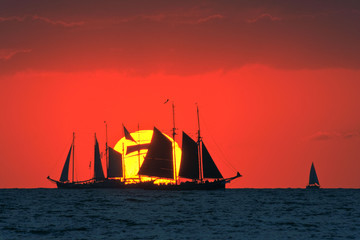 Naklejka premium Traditional sailing ships at sunset on the Baltic Sea. Regatta 'Hanse Sail' near Rostock Warnemünde.