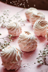 Homemade pink strawberry marshmallows. Caring for children's health, healthy dessert. Close-up.