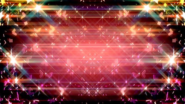 A lot of festive star figures flying and small shatters are mirroring on the red screen background.