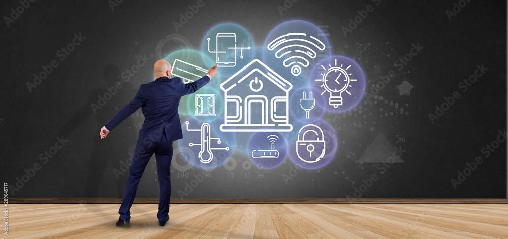 Poster businessman in front of a wall with smart home interface with icon, stats and data 3d rendering