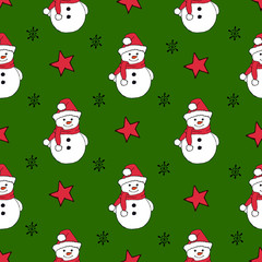 Christmas seamless pattern with snowman, fir trees and snowflakes. Perfect for wallpaper, wrapping paper, pattern fills, winter greetings, web page background