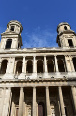 Church of Saint Sulpice neoclassical facade. Latin Quarter, Paris, France.