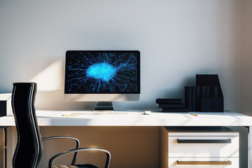 Desktop interior with computer, table and chair. Data theme brain drawing on screen. 3d rendering.