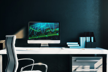 Cabinet desktop interior with financial charts and graphs on computer screen. Concept of stock market analysis and trading. 3d rendering.