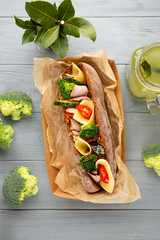 Tasty sandwich with broccoli and beef, healthy food