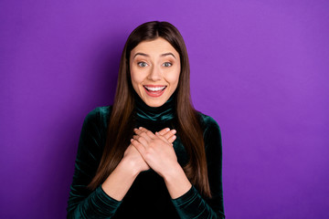 Portrait of content youth putting her palms on chest screaming shouting wearing black turtleneck isolated over purple violet background