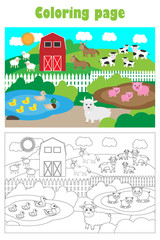 Fototapeta premium Farm with animals, cartoon style, coloring page, education paper game for the development of children, kids preschool activity, printable worksheet, vector illustration