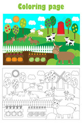 Farm animals and garden, cartoon style, coloring page, education paper game for the development of children, kids preschool activity, printable worksheet, vector illustration