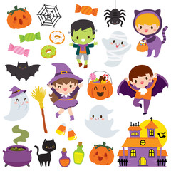 Fototapeta Halloween clipart set with cute cartoon characters of children, pumpkins and other holiday symbols obraz