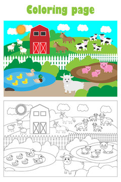 Farm with animals, cartoon style, coloring page, education paper game for the development of children, kids preschool activity, printable worksheet, vector illustration