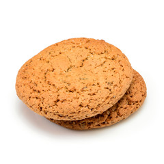 Homemade cookies. Two sweet cookie made from oatmeal flour. Tasty biscuit in high resolution closeup isolated on white background. Homemade bakery.