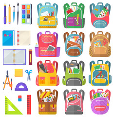 School bag set, notebook and sticker, dividers and scissors, ruler and tassel with pencil. Eraser and pen label on white, office object and backpack vector. Back to school concept. Flat cartoon