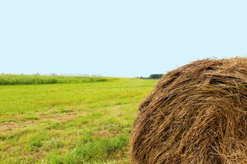 Background image of nature, countryside. Haystack in the foreground, blue sky. Life and work in the village, agriculture, farming.