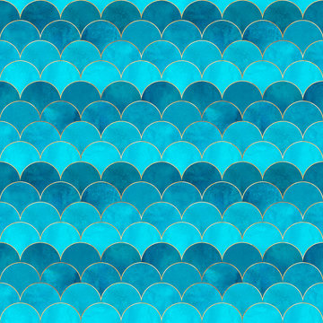 Mermaid fish scale wave japanese seamless pattern