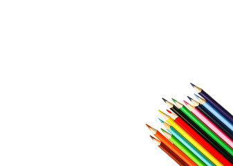 Color pencils isolated on white background. Back to school concept. Colorful art studying and painting process. Drawing with pencils.