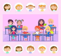 Smiling pupils sitting at table with books, kids reading literature, pink classroom. Round stickers of girls and boys, classmate portrait view vector. Back to school concept. Flat cartoon