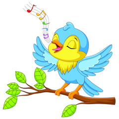 Cute little bird sings on a tree branch isolated on white background