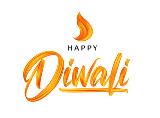Hand drawn calligraphic brush stroke colorful paint lettering of Happy Diwali with fire flame