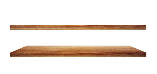 Wooden shelves isolated on white background,