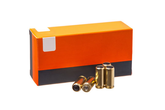 Box of cartridges for a traumatic gun isolate on a white background. Сartridges with rubber bullets for a traumatic gun.