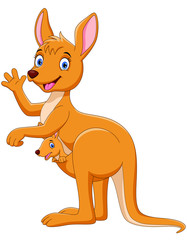 Cartoon mother kangaroo with a cute baby isolated on white background