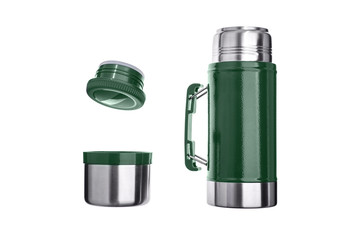 Metal thermos close up, isolate on a white background. Thermos bottle metal on white background isolation.