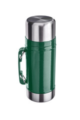 Metal thermos close up, isolate on a white background. Thermos bottle metal on white background isolation.