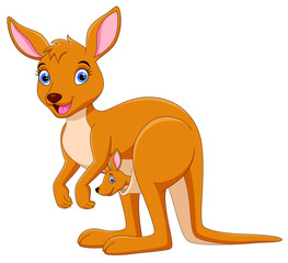 Cartoon mother kangaroo with a cute baby isolated on white background