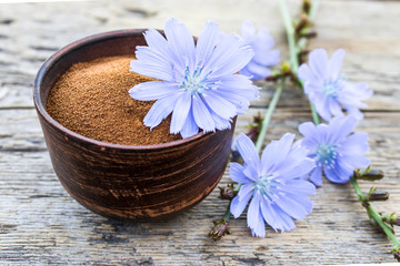 Fototapeta na wymiar Blue chicory flower and a bowl of instant chicory powder on an old wooden table. Chicory powder. The concept of healthy eating a drink.