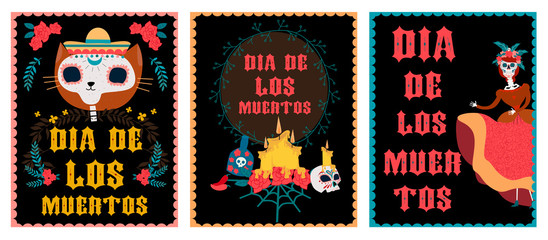 Plakat Day of the dead festival posters set with skeleton. Mexican traditional holiday. Mexican wording translation: 