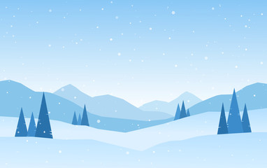Cartoon Winter snowy Mountains landscape with pines and hills.