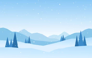 Zelfklevend Fotobehang Cartoon Winter snowy Mountains landscape with pines and hills. © deniskrivoy
