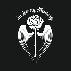 in loving memory text and rose with wings on black background vector design