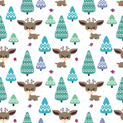 Colorful seamless pattern with cute deer and birds. Christmas vector background.