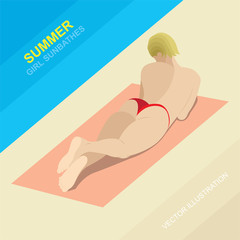 Beautiful girl in red bikini on beach sand in summer. Young sexy woman resting and sunbathing. Summer relax concept vector illustration. Summer holidays.